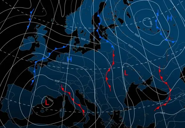Vector illustration of Forecast weather isobar night map of Europe