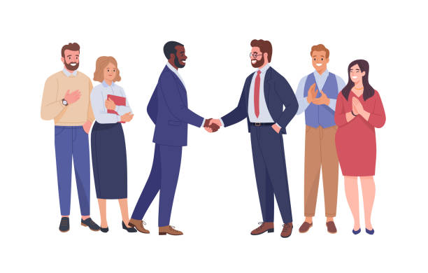 встреча двух бизнес-команд. - ceo greeting suit meeting stock illustrations