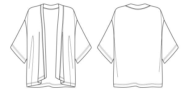 Vector long sleeved jacket fashion CAD, summer woman kimono technical drawing, template, flat, sketch. Jersey or woven fabric kimono with front, back view, white color Vector long sleeved jacket fashion CAD, summer woman kimono technical drawing, template, flat, sketch. Jersey or woven fabric kimono with front, back view, white color cardigan clothing template fashion stock illustrations