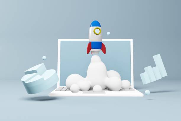 istock Business startup concept. 3d render illustration of a rocket launch on a laptop with a floating bar chart and a pie chart. 1410138112