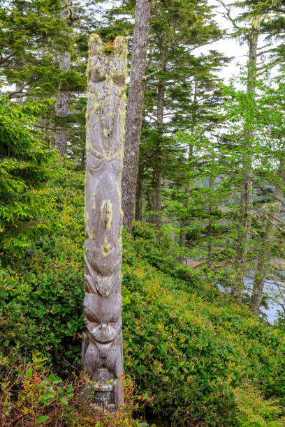 Totem Pole Haida Gwaii Wood Carving British Columbia Canada Haida totem poles are monumental carvings, a type of Northwest Coast art, consisting of poles, posts or pillars, carved with symbols or figures. haida gwaii totem poles stock pictures, royalty-free photos & images