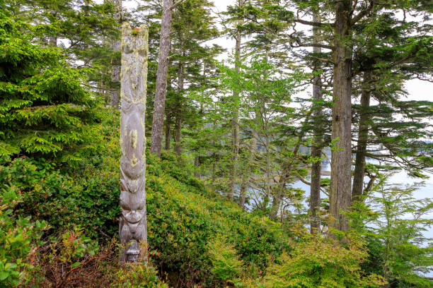 Totem Pole Haida Gwaii Wood Carving British Columbia Canada Haida totem poles are monumental carvings, a type of Northwest Coast art, consisting of poles, posts or pillars, carved with symbols or figures. haida gwaii totem poles stock pictures, royalty-free photos & images