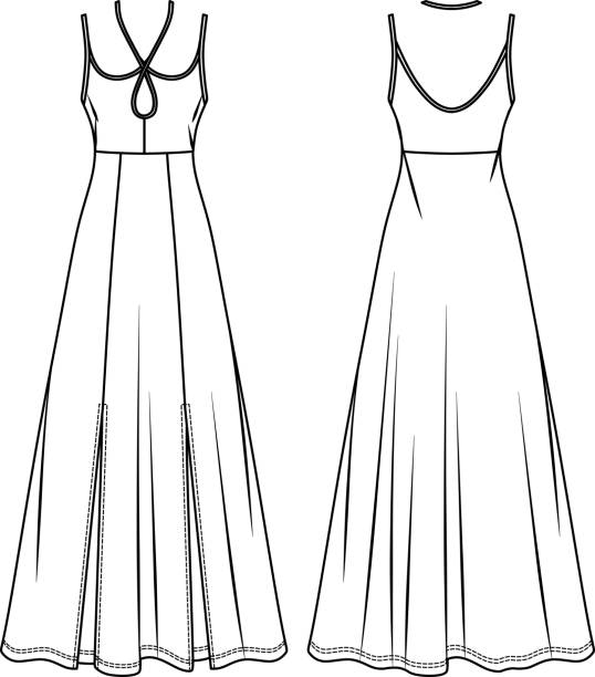 Vector maxi dress with shoulder straps technical drawing, woman dress with side slits and loop fashion CAD, sketch, template, flat. Jersey or woven fabric dress with front, back view, white color Vector maxi dress with shoulder straps technical drawing, woman dress with side slits and loop fashion CAD, sketch, template, flat. Jersey or woven fabric dress with front, back view, white color wedding dress back stock illustrations