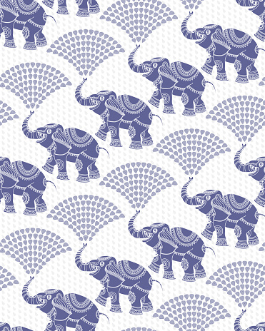 Vector seamless pattern from dark blue elephant silhouette with ethnic ornaments and fountain from water drops on a white background with light grey rain drops