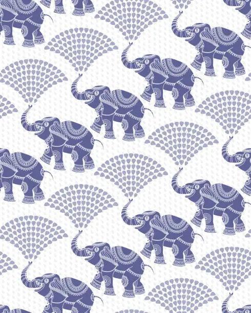 Vector illustration of Vector seamless pattern from dark blue elephant silhouette with ethnic ornaments and fountain from water drops on a white background with light grey rain drops