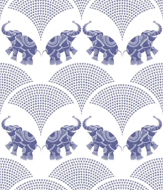 Vector illustration of Vector wavy seamless pattern from blue Indian elephant silhouette with ethnic ornaments and fountain from water drops on a white background