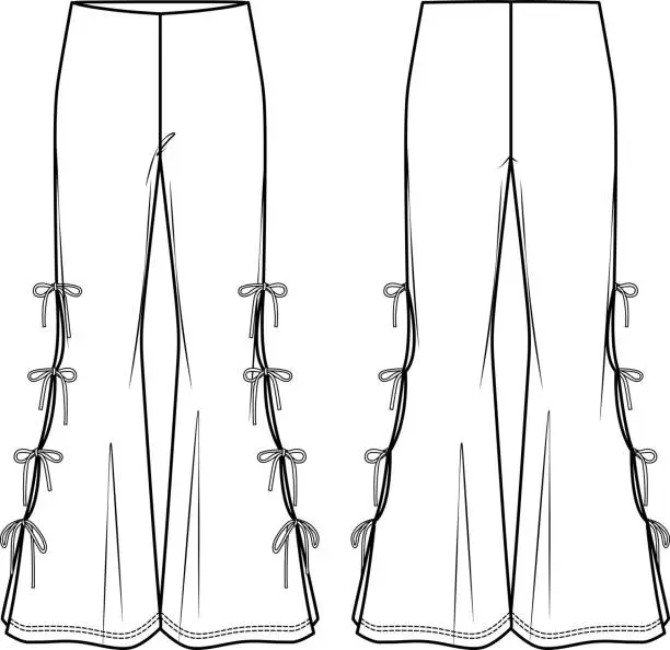 Vector illustration of Vector flare pants for ladies fashion CAD, sketch template, woman trousers technical drawing, trendy leggings flat, mock up. Jersey or woven fabric pants, from and back view, white color