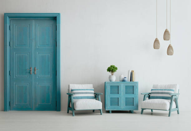istock Santorini style interior with cabinet armchairs door and ceiling lamp.3d rendering 1410146590