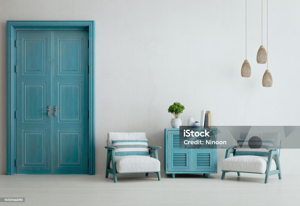 Santorini style interior with cabinet armchairs door and ceiling lamp.3d rendering Home Showcase Interior Stock Photo