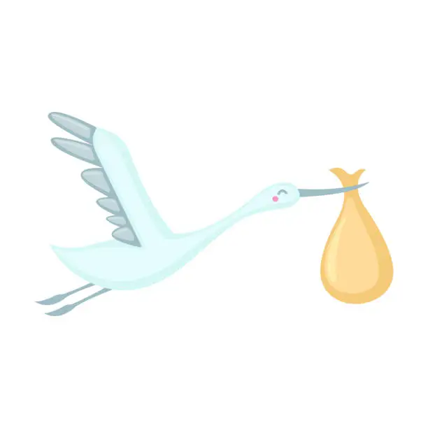 Vector illustration of Stork icon delivering a newborn baby in flat style isolated on white background.