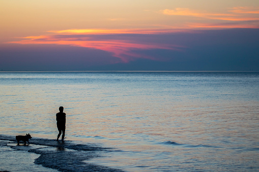A man and his dog walking along the shoreline at sunset