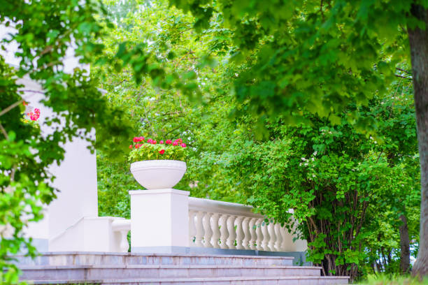 Concrete railing with a large stone vase and red flowers
