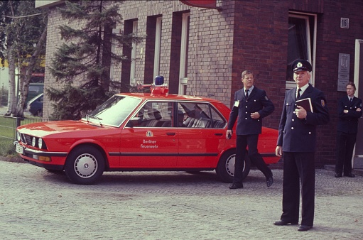 Berlin (West), Germany, 1987. Members of the highest Berlin (West) fire brigade authority at a presentation.