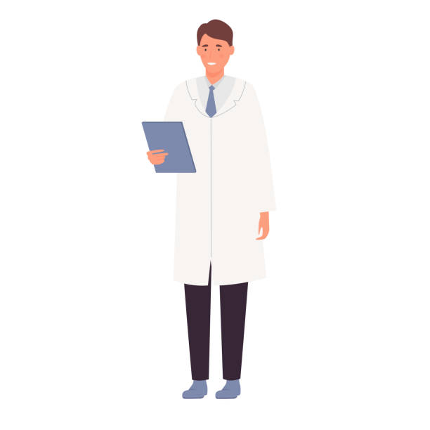 ilustraciones, imágenes clip art, dibujos animados e iconos de stock de médico masculino sostiene portapapeles - scientist lab coat doctor male