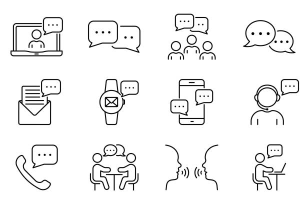 illustrazioni stock, clip art, cartoni animati e icone di tendenza di messaggio di testo online in chat, set di icone della linea di conversazione dell'intervista. community people talk on video conference outline icon. pittogramma lineare di comunicazione della persona. tratto modificabile. illustrazione vettoriale isolata - intervista