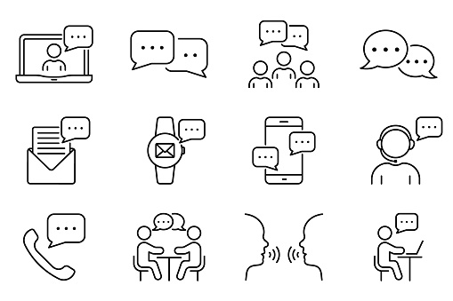 Online Text Message in Chat, Interview Talk Line Icon Set. Community People Talk on Video Conference Outline Icon. Person Communication Linear Pictogram. Editable Stroke. Isolated Vector Illustration.