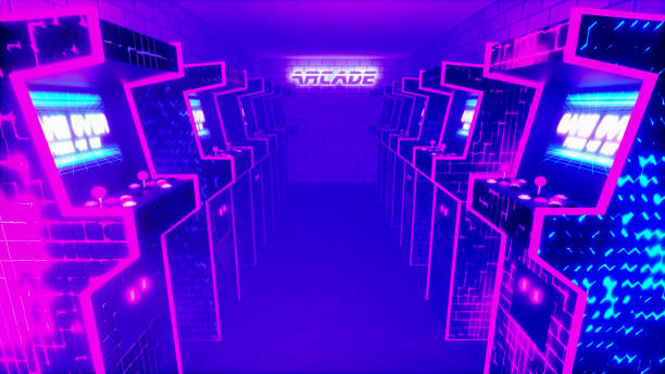 machines à sous d’arcade dans une salle de jeux (rendu 3d) - colonnade photos et images de collection