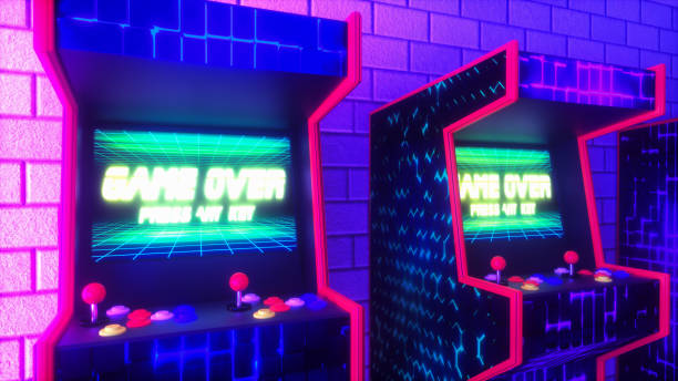istock arcade slot machines in a game hall (3d rendering) 1410158865