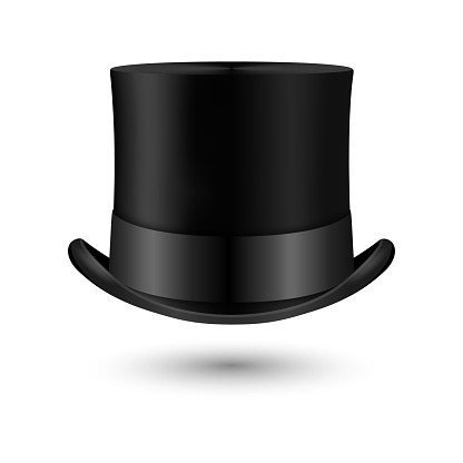 Vector 3d Realistic Retro, Vintage Black Top Hat Icon Closeup Isolated on White. Design Template of Top Hat, Mockup. Gentlemans Hat Icon. Top Hats in Front View.