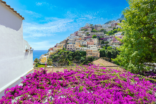 Scenic views of Positano Italian colorful architecture and landscapes on Amalfi Coast in Italy.