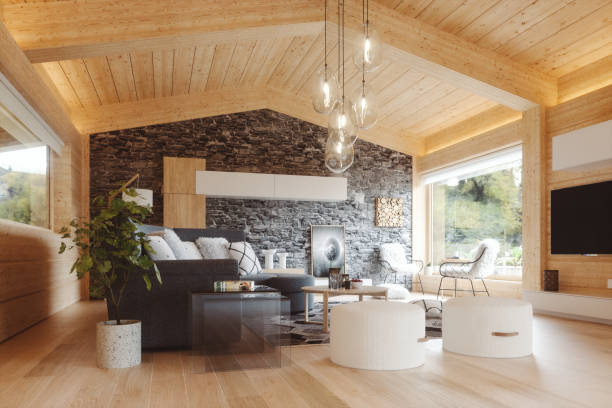Modern European alpine chalet interior Modern European alpine chalet interior. This is 3D generated image. Book cover and image the back are my own images. modern cottage interior design stock pictures, royalty-free photos & images