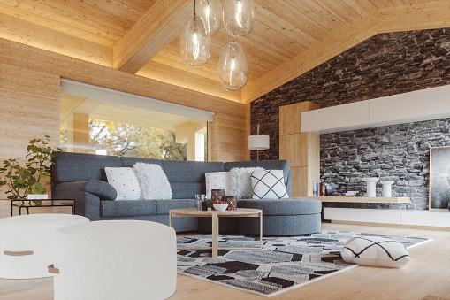 Modern European alpine chalet interior. This is 3D generated image. Partially visible framed image is my own render.
