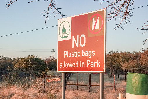 Plastic Free Sign at Etosha National Park in Kunene Region, Namibia, with the park logo visible.