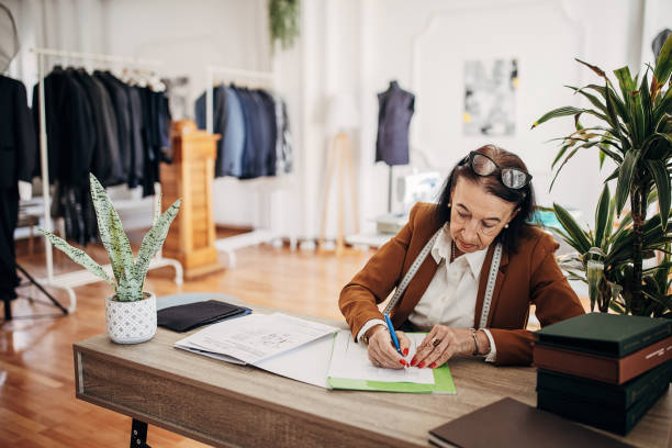 istock Female tailor in clothing workshop 1410160483