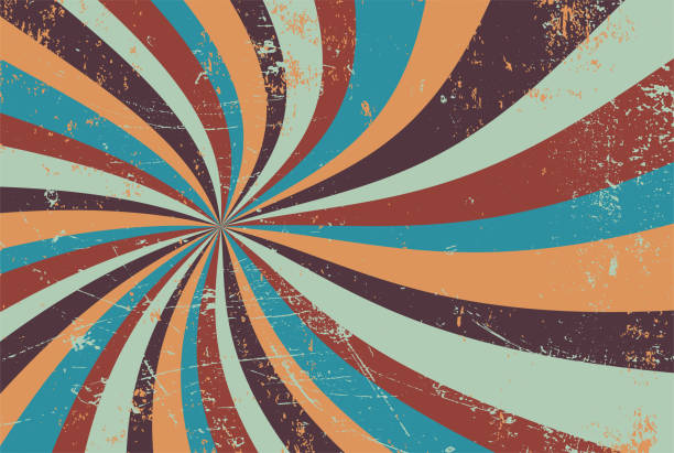 ilustrações de stock, clip art, desenhos animados e ícones de groovy retro starburst sunburst background pattern in grunge textured vintage color palette of blue orange red and purple with spiral or swirled radial striped design, old 60s hippy background vector - peach dark peaches backgrounds