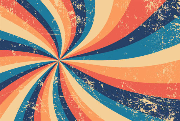 groovy retro starburst sunburst wzór tła w grunge teksturowanej vintage palecie kolorów niebieskiego pomarańczowego i beżowego białego w spiralnym lub wirowym promieniowym wzorze w paski, stary hipisowski wektor tła z lat 60. - peach fruit backgrounds textured stock illustrations