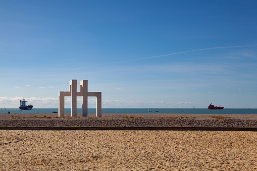 Le Havre,France - 13 October, 2021: UP#3 is a monumental sculpture in white concrete by Sabina Lang and Daniel Baumann installed permanently on the beach in Le Havre since July 2018.