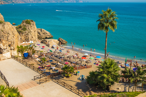 Aerial view of the beautiful beach of Nerja in Spain