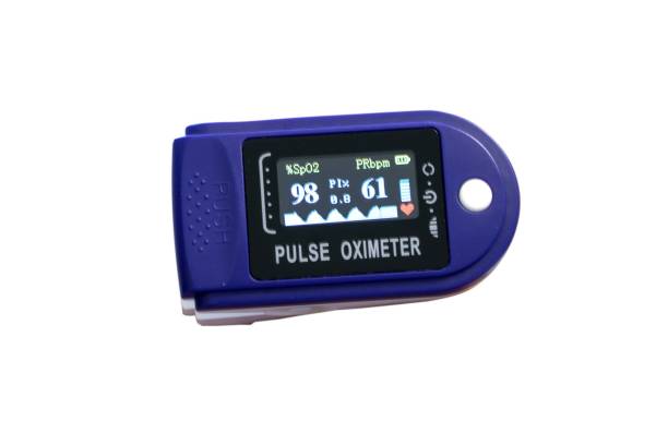 istock Close-up of pulse oximeter showing 99% saturation 1410163560