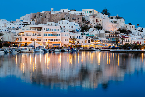 The Chora ('capital') of Naxos island at dusk, Cyclades Islands, Aegean Sea, Greece, Europe.