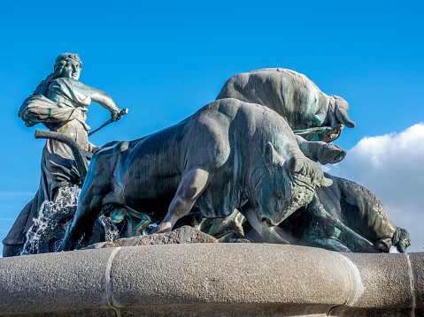 Copenhagen, Denmark - Oct 19, 2018: Close view of the Gefion Fountain near Langelinie Street. The bronze statues depict the mythical Norse Goddess.