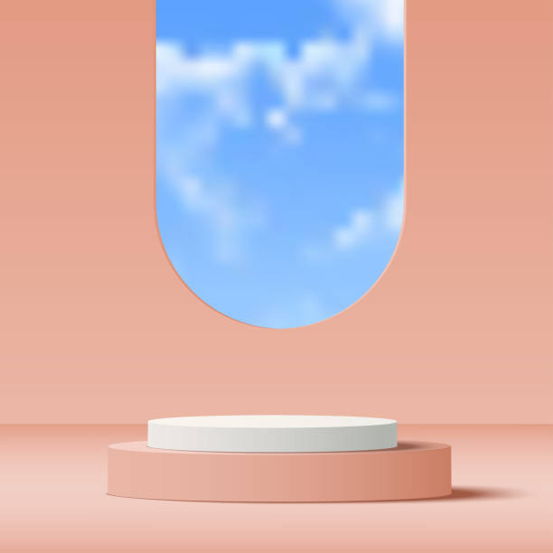 istock 3d pink podium and minimal blue wall scene. 3d podium minimal cloud scene. Vector 1410167054