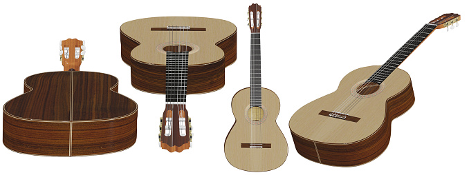 acoustic guitar wooden guitar classical guitar set included 3d illustration isolated on a white background with clipping path