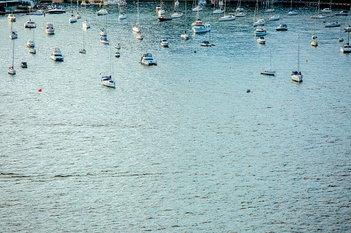 Aerial view of bay with boats, background with copy space, full frame horizontal composition,