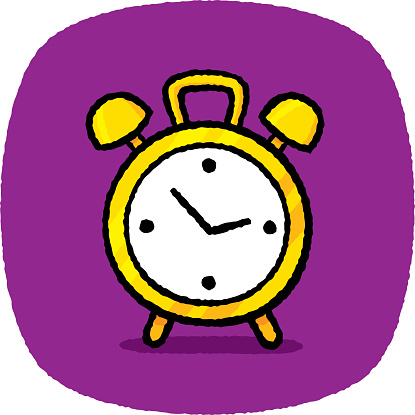 Vector illustration of a hand drawn gold clock against a purple background with textured effect.