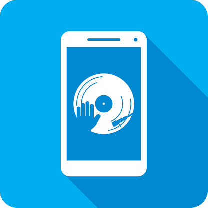 Vector illustration of a smartphone with vinyl record and hand icon against a blue background in flat style.