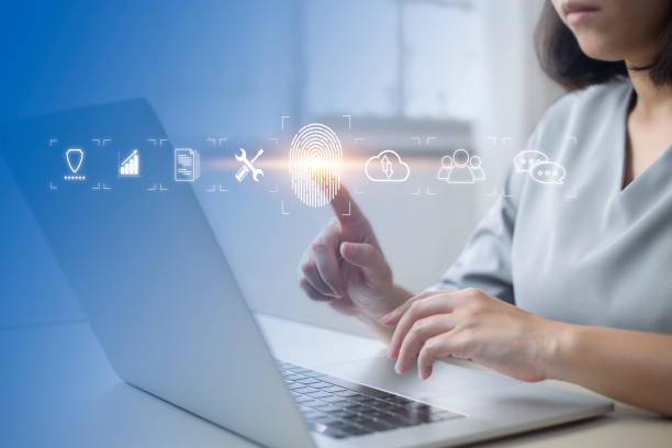 istock Person touching virtual screen to scan fingerprints, digital transformation management concept. Internet of Things, Big Data and Business Processes, Automation, Storage Systems, Cloud Computing 1410175297