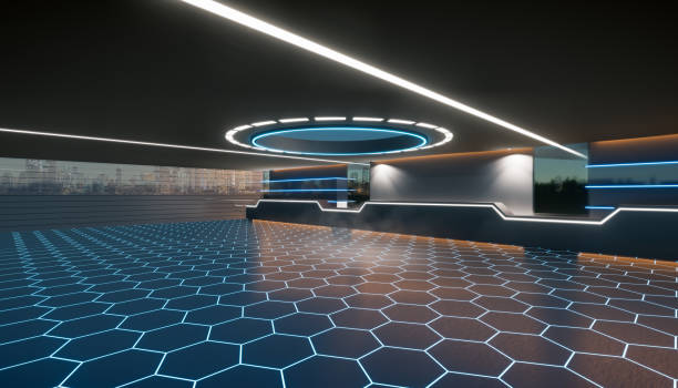 istock 3d rendering of empty space inside futuristic showroom, spaceship, hall or studio for background. 1410176315