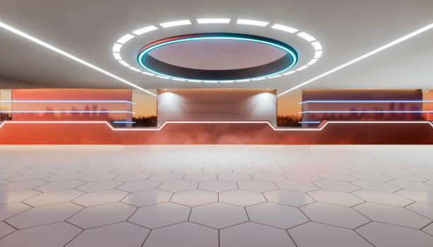 istock 3d rendering of empty space inside futuristic showroom, spaceship, hall or studio in perspective view. 1410176316