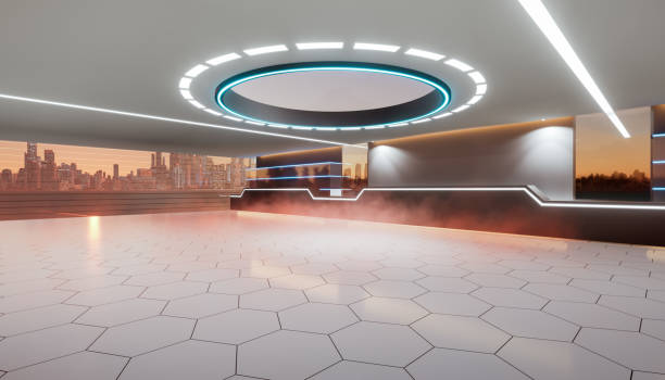 istock 3d rendering of empty space inside futuristic showroom, spaceship, hall or studio in perspective view. 1410176319