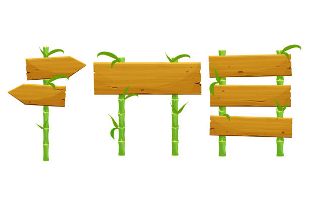 illustrations, cliparts, dessins animés et icônes de ensemble de panneaux en bambou vert à partir de planches de bois dans un style de dessin animé isolé sur fond blanc. collection de décorations asiatiques avec feuilles et corde. illustration vectorielle - stick wood sign twig