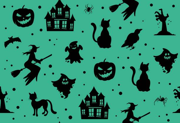 illustrazioni stock, clip art, cartoni animati e icone di tendenza di halloween seamless pattern - monster set pattern green