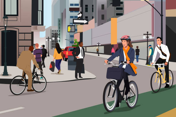 ludzie biznesu jeżdżący na rowerach idący do pracy ilustracja wektorowa - commuter stock illustrations