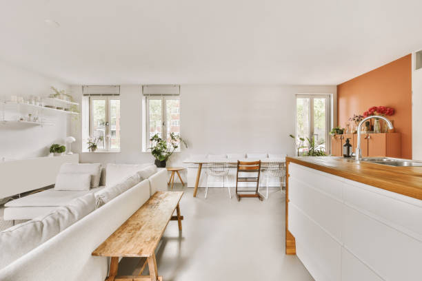istock Living room with a small kitchen in a modern house 1410182041