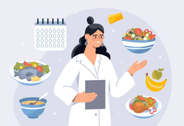 ilustraciones, imágenes clip art, dibujos animados e iconos de stock de nutricionista hace plan de comidas - eating