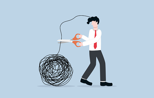 Stress elimination from busy work or toxic environment, changing behavior for better mental health, work-life balance concept. Businessman cutting messy tangled line cling to his head.